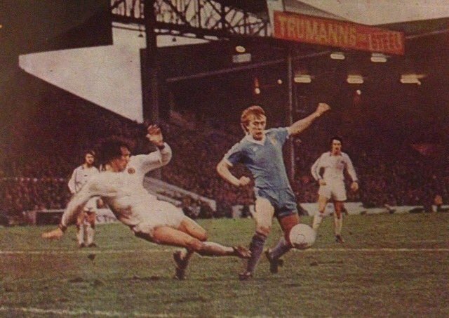 Goal scorer Peter Barnes in action for City in the 2-0 win against Aston Villa at Maine Road on (31/12/77).