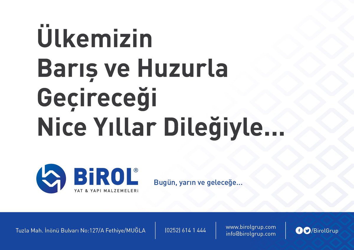 BirolYapiMarket's tweet photo. Ülkemizin
Barış ve Huzurla
Geçireceği
Nice Yıllar Dileğiyle...

#hosgeldinyeniyil https://t.co/HOcWUaIz1S