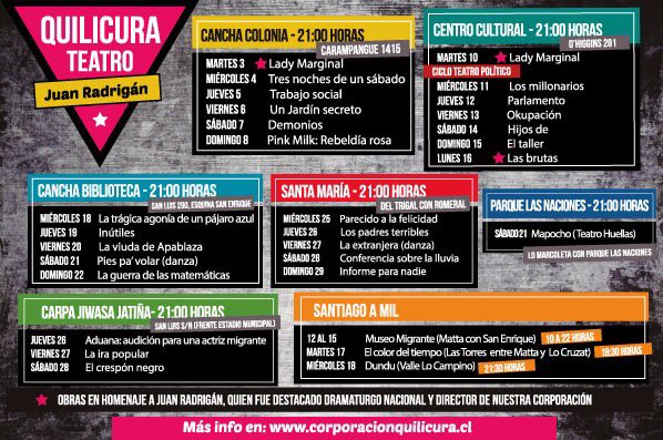 corpo_quilicura's tweet photo. ¡Enero es teatro en #Quilicura! 30 obras - Entrada liberada - 9 sectores. Descarga la cartelera 👇🏼👇🏼👇🏼 https://t.co/iKxVRWXGgO