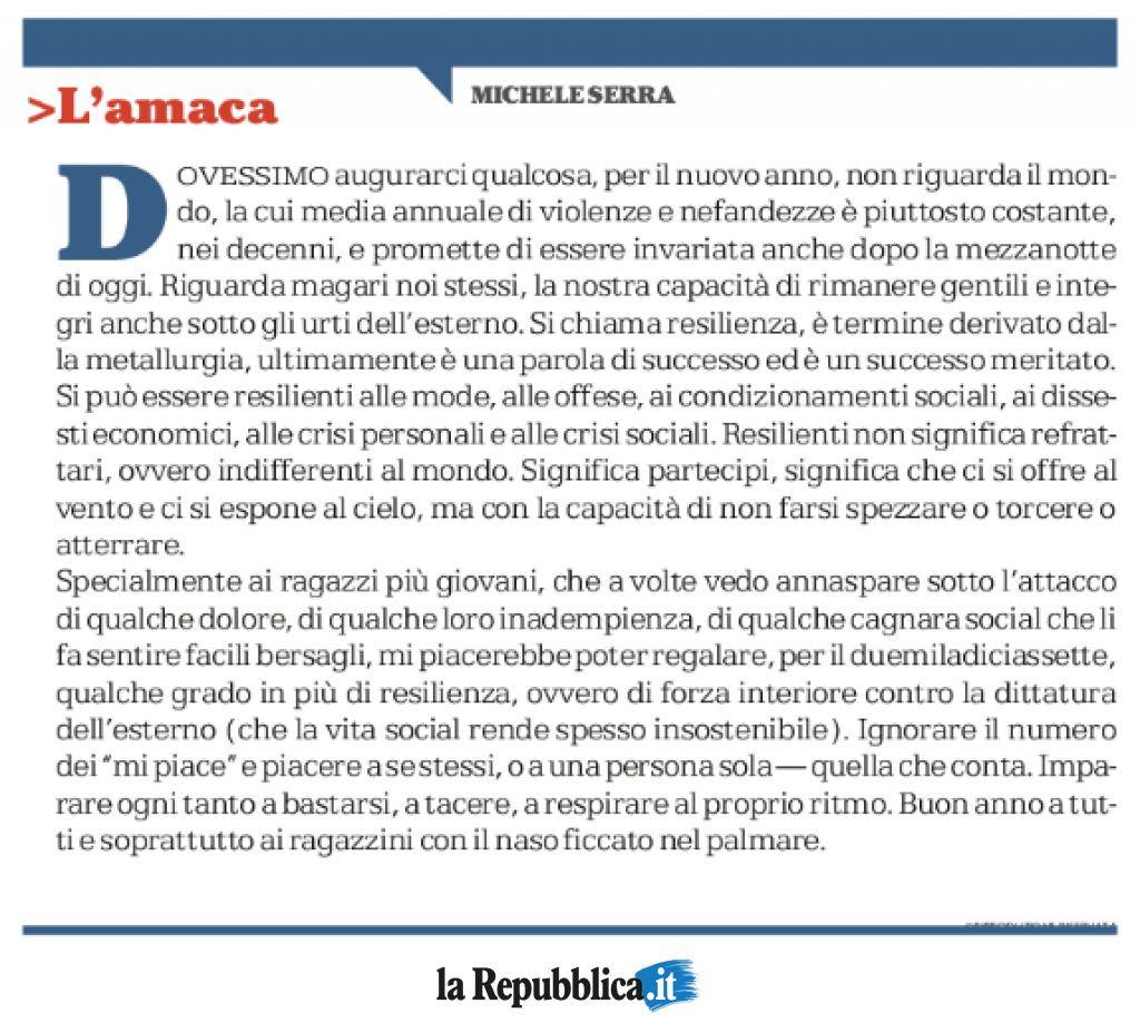 repubblica's tweet photo. "Mi piacerebbe poter regalare, per il #2017, qualche grado in più di resilienza" L'amaca di MICHELE SERRA https://t.co/pbge9VF2Sy