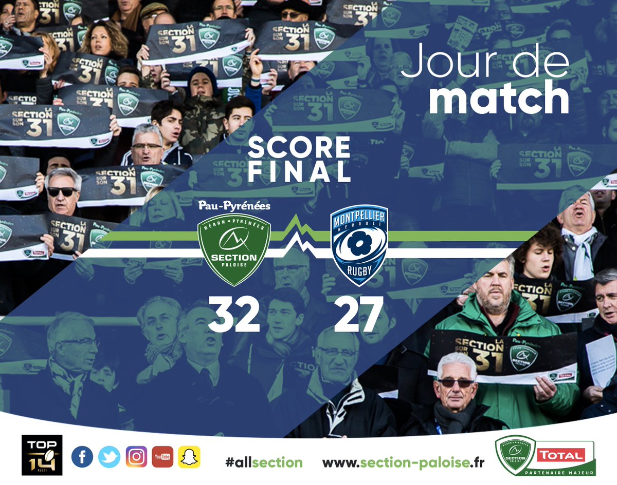 SectionPaloise (@SectionPaloise) on Twitter photo 2016-12-31 13:55:00 Bravo au Verts et Blancs qui l'emportent face au @MHR_officiel 32-27 ! Une belle soirée de réveillon s'annonce ;) Bravo au Verts et Blancs qui l'emportent face au @MHR_officiel 32-27 ! Une belle soirée de réveillon s'annonce ;)