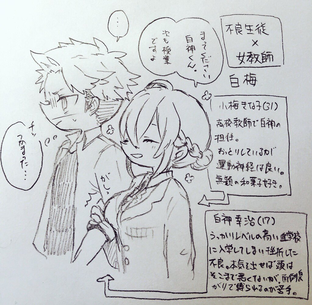 白神と小梅先生
今年の前半辺りでは良く語っていた気がする
生徒と先生の年の差cpだけど結婚したら一番昔ながらの夫婦感出ると思うんダァ…って言うのを絵で描きたかった_(:3 」∠︎)_