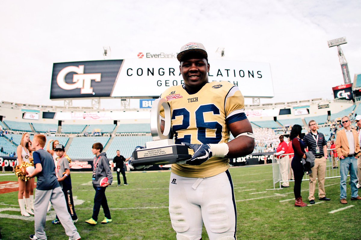 taxslayerbowl's tweet image. Dedrick Mills of @GeorgiaTechFB named MVP of the 2016 TaxSlayer Bowl!