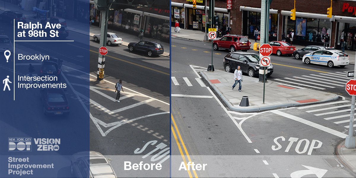 NYC_DOT's tweet photo. New concrete 🚶  triangle installed at #RalphAve / E98th St in #EastNewYork this year, w/4 new crosswalks, signals &amp; a Barnes Dance. #VZ2016 https://t.co/B1h36jY3Y9