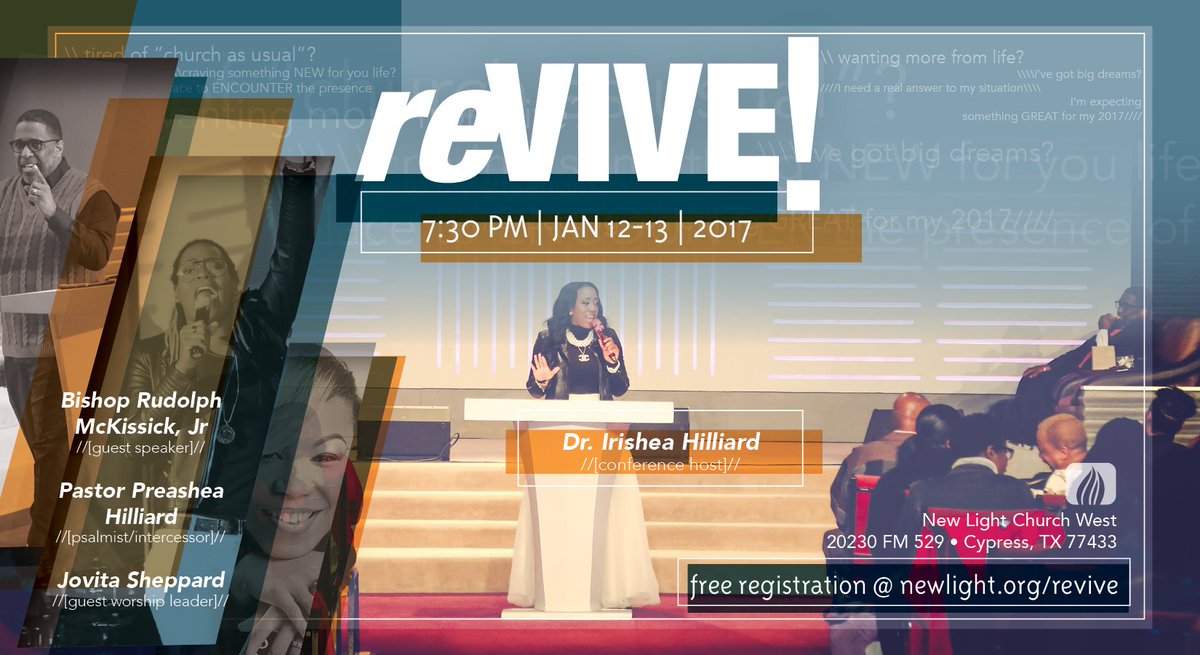 BishopHilliard's tweet photo. Revive what God wants to do in your life. Join @dririshea @preashea @bishopmckjr &amp; @JoWriter for #reVIVE January 12 &amp; 13 at #TheMovementNLC https://t.co/2zLCu7nMRp