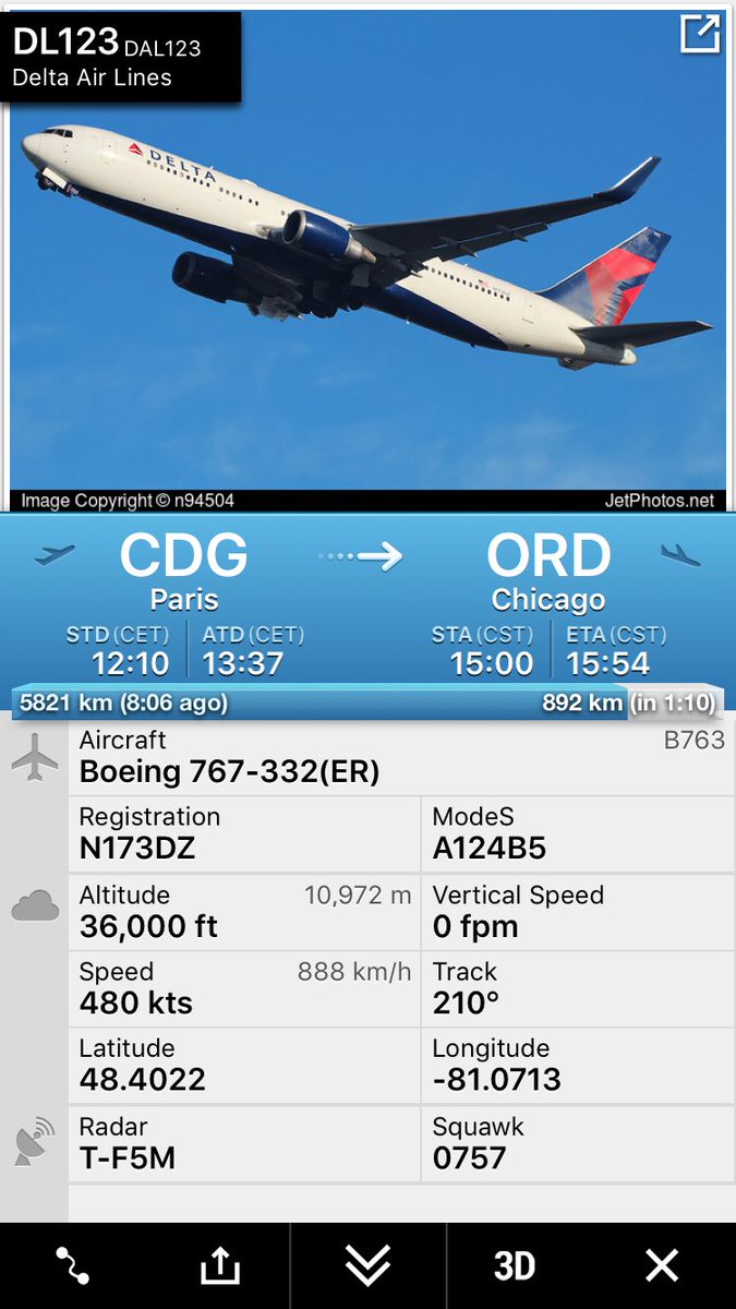 TomPodolec's tweet photo. DIVERSION @Delta #DL123 Paris to Chicago diverting to #Toronto. Boeing 767-300 N173DZ https://t.co/l2Xrxcosrj
