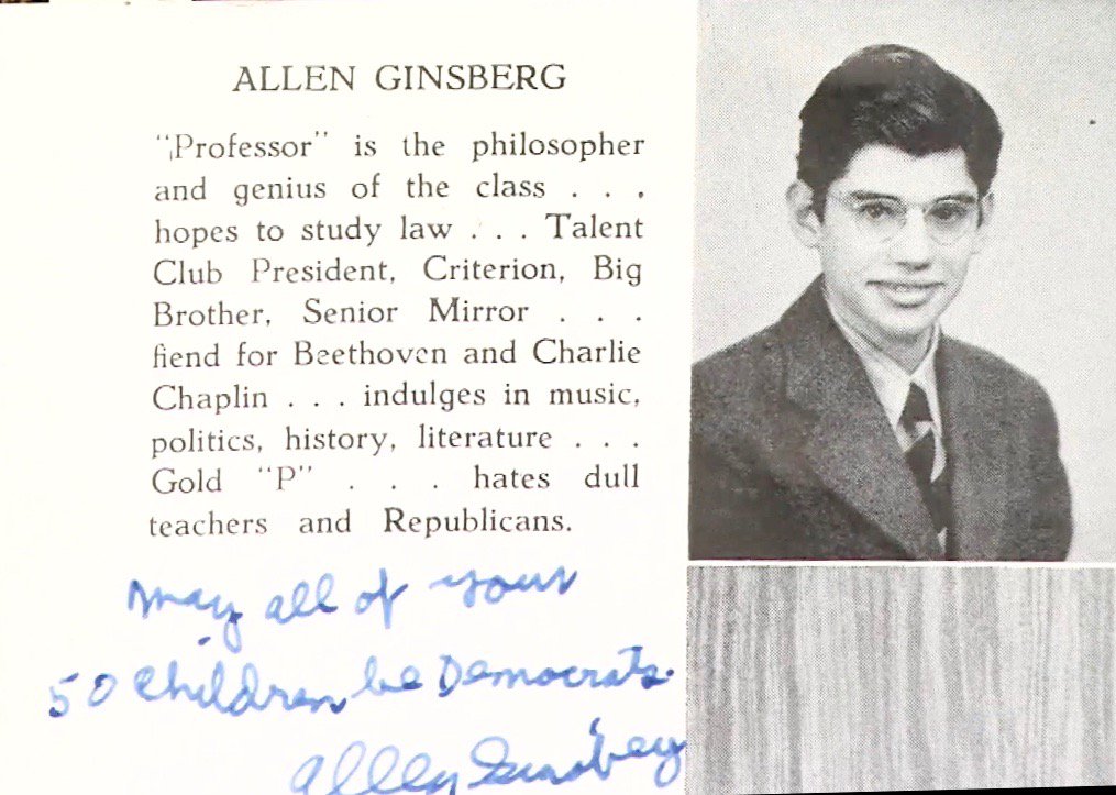 stevesilberman's tweet image. "May all of your 50 children be Democrats." - a message from future poet Allen Ginsberg in his high-school yearbook, 1943.