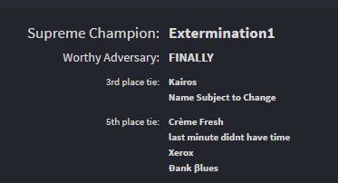 BlecknSpoon's tweet photo. congrats to @ExterminationSP for winning the last tournament of BnS in 2016! https://t.co/OGVjQp96vg