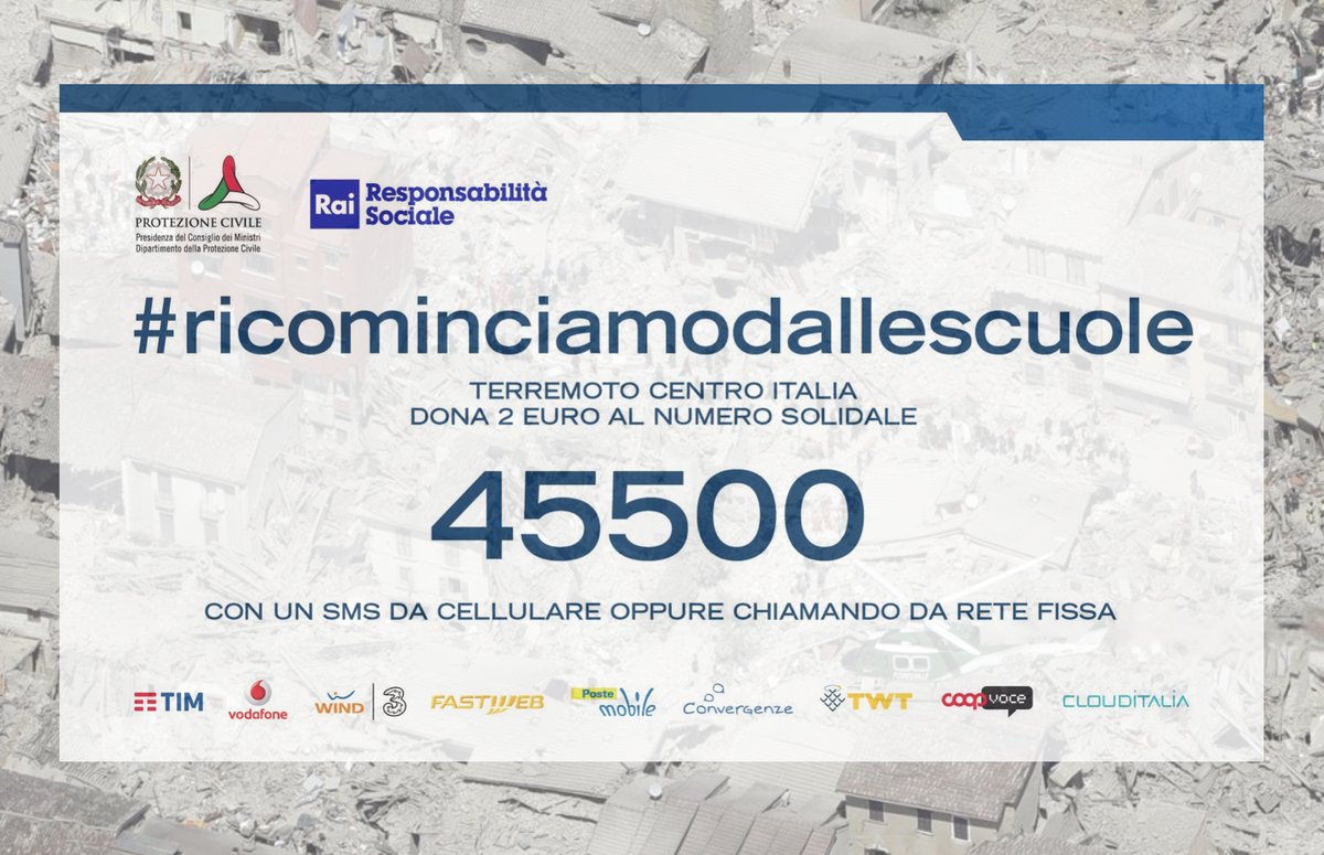 Radio1Rai's tweet photo. #LAnnoCheVerrà all'insegna della solidarietà verso le popolazioni colpite dal terremoto. #RicominciamoDalleScuole donando 2€ al 45500. https://t.co/TZdMvqbtel
