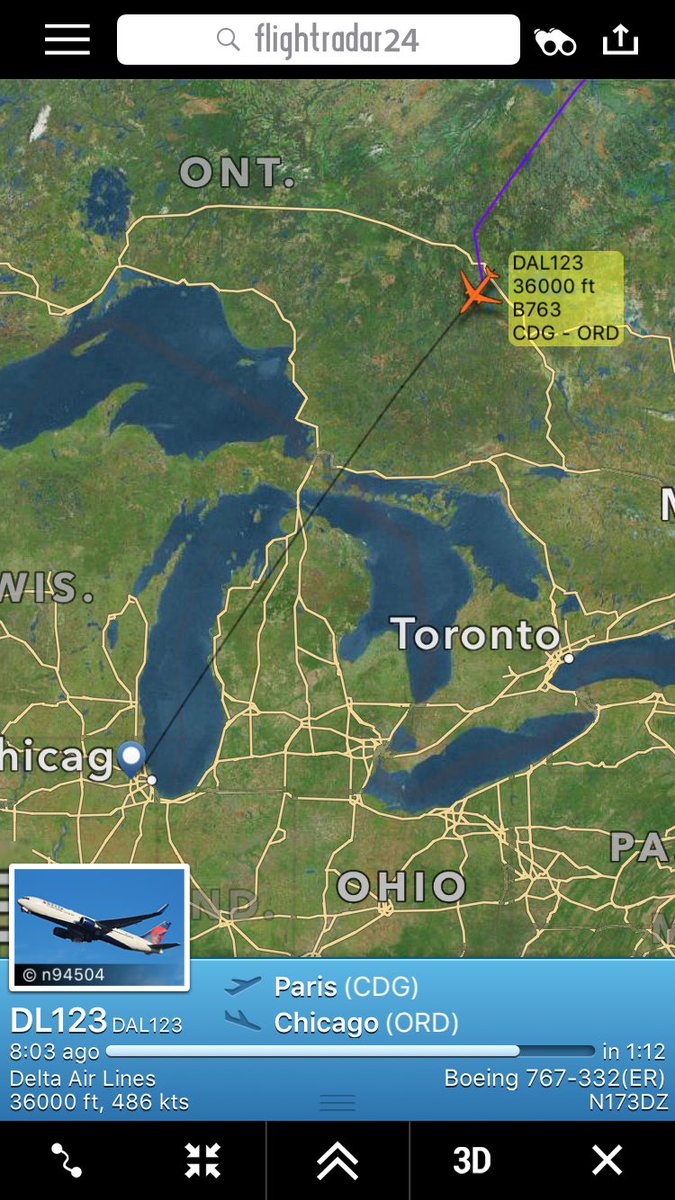 TomPodolec's tweet photo. Photo Update @Delta #DL123 Paris to Chicago diverted #Toronto with a medical. @Peel_Paramedics &amp; @TorontoPearson Fire waiting at gate. https://t.co/chht4pupPw