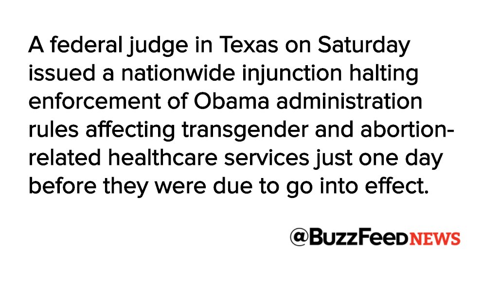 BuzzFeedNews's tweet photo. Federal judge halts Obamacare transgender, abortion-related protections nationwide https://t.co/aDIdpg3BPN https://t.co/Hna9Lk7nYa