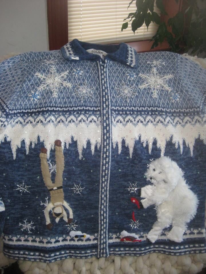 MarkHamill's tweet photo. My deepest sympathy to the poor sap who got THIS for Xmas. Who puts a dismembered animal on a festive holiday sweater? #UglierBlueSweater https://t.co/ULgYukCAGt