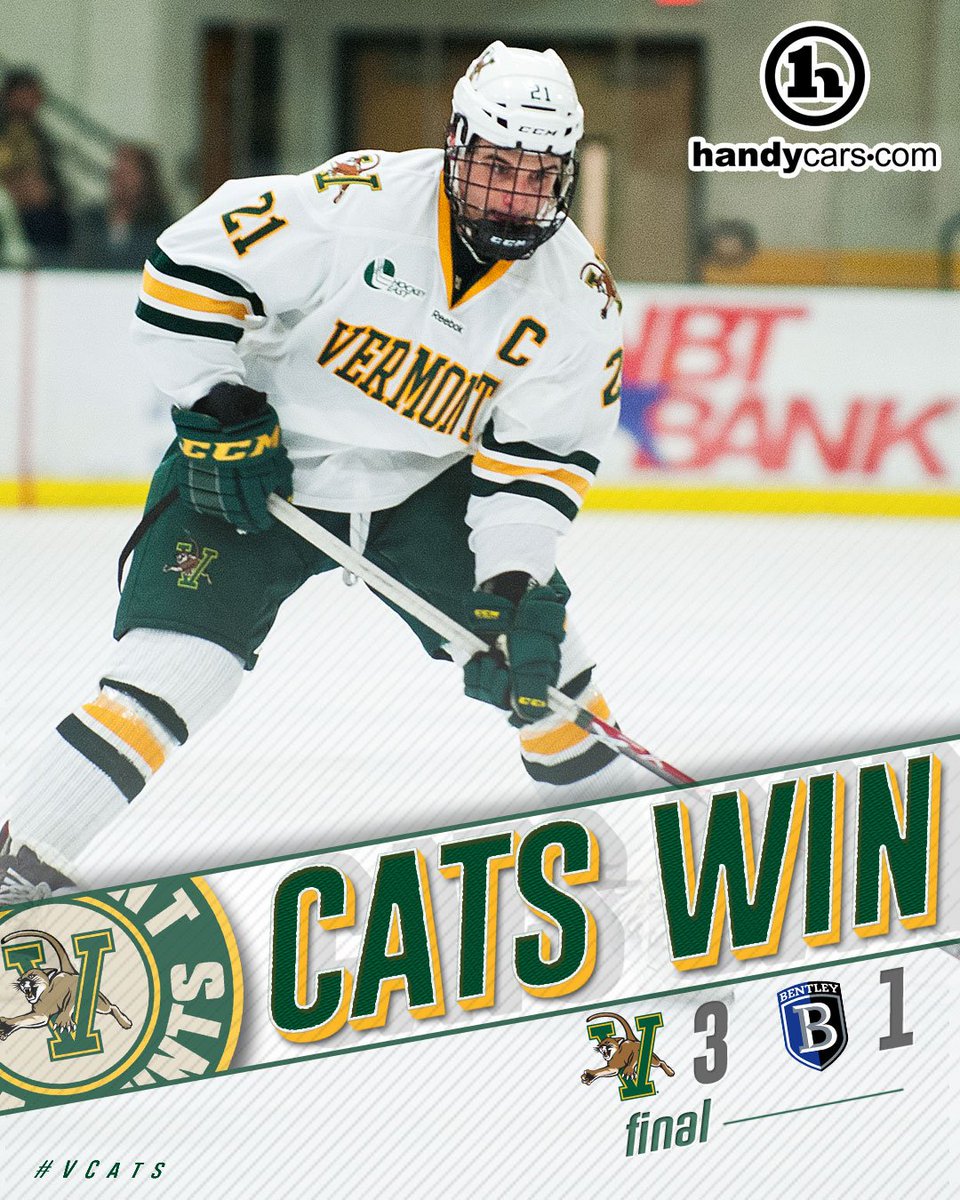 UVMmhockey's tweet photo. CATS WIN! Mario Puskarich enters the 100-point club as the #VCats take down Bentley 3-1 to close out the calendar year! https://t.co/Pjts1A3hgH