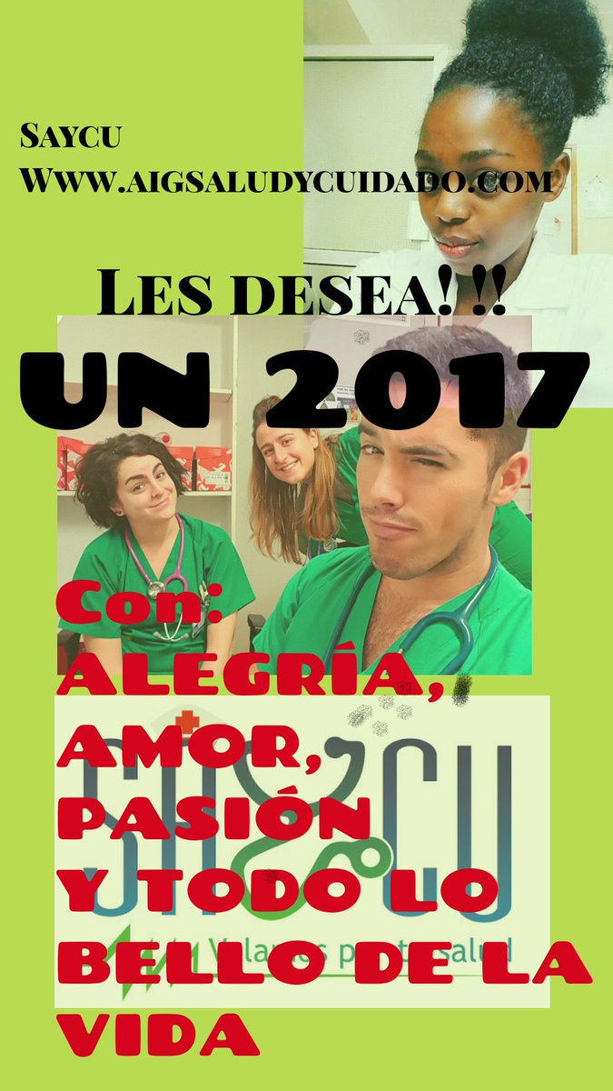 aigsaycu's tweet photo. #saycu #salud #enfermeria #health #nurse #fisioterapia #biomedica #happynewyear 
Saycu les desea los mejores deseos para el año 2017. https://t.co/XnY3tI66Ow