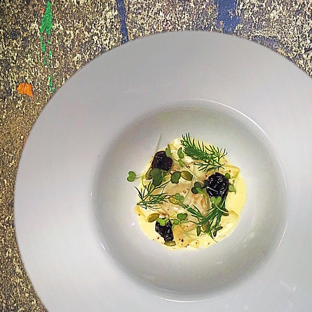 RogelioChef's tweet photo. Rabbit ravioli, mustard cream, pepitas, macerated sour cherries.
@AlloyRestaurant #newyearsmenu #yyc https://t.co/tIx5wDVCj0