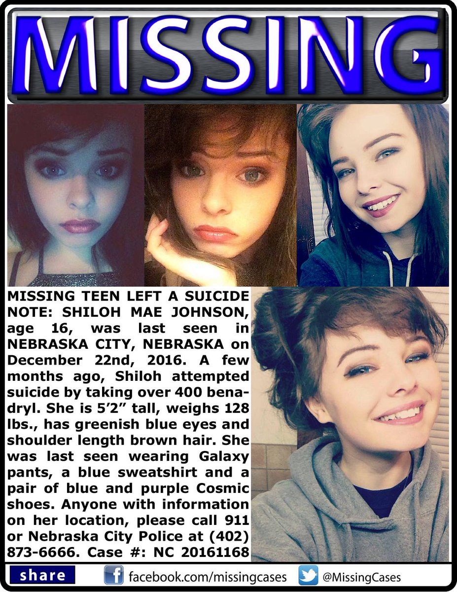 MissingCases's tweet photo. RT #ShilohJohnson #missing #Nebraska girl left a #suicide note #NebraskaCity #NE #Omaha #Boone #IA #Ogden #Iowa https://t.co/Om4sEuTQ1t https://t.co/KekVI4PYZa