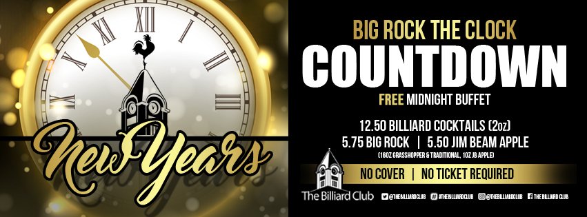TheBilliardClub's tweet photo. Ring in 2017 with a bang with ALL the drinks specials and a #FREE Midnight Buffet!! https://t.co/U4Q8vFlwyP