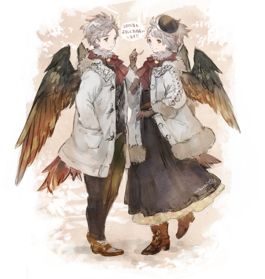 1boy wings 1girl coat gloves dress hat  illustration images