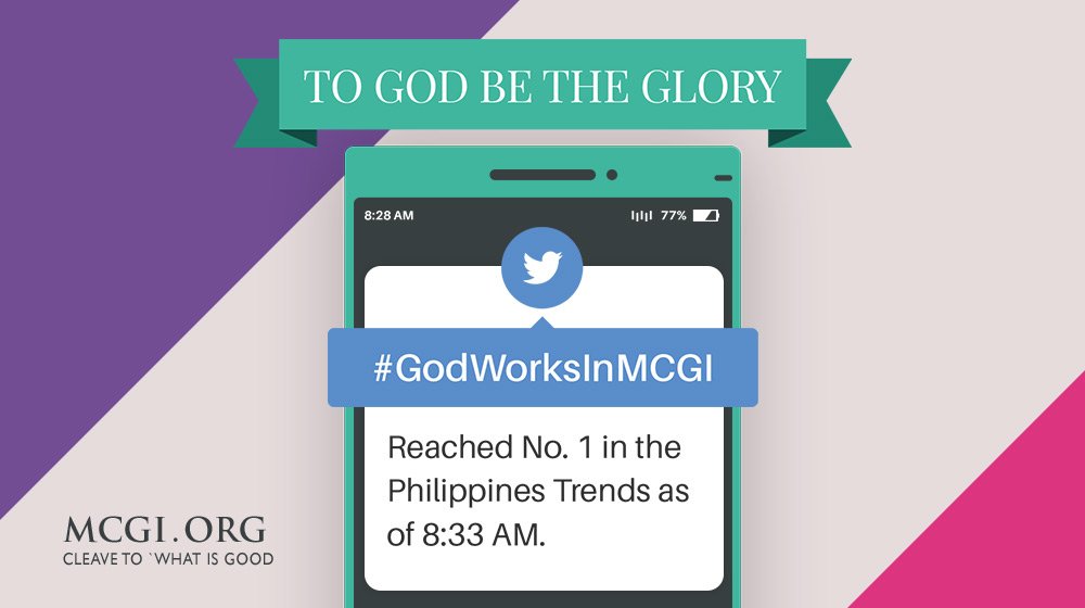 mcgidotorg's tweet photo. In case you missed it: Our hashtag #GodWorksInMCGI landed on the No. 1 Spot in the PH trends list at 8:33 AM today! To God be the glory! https://t.co/gy3p1auzU4