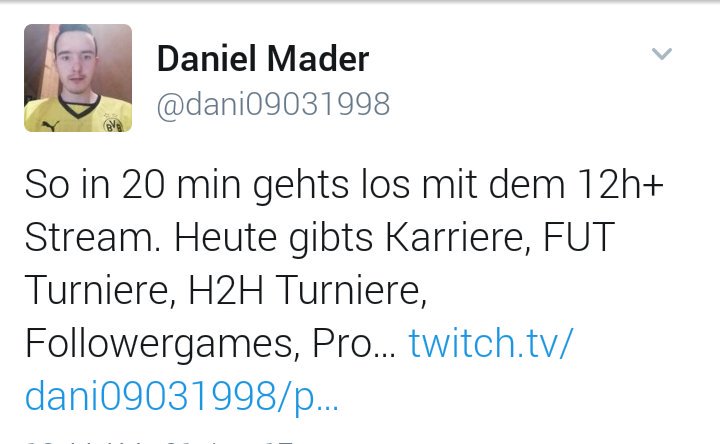 Moin leute mein guter <a href="/dani09031998/">Daniel Mader</a> macht 12h+stream schaut alle vorbei das würde ihn glücklich machen ! :D ich bin ebenfalls dabei Brudi :D
