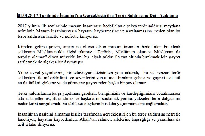 Terör saldırısını nefretle lanetliyor, hayatını kaybedenlere Allah’tan rahmet, ailelerine başsağlığı ve yaralılara da acil şifalar diliyoruz