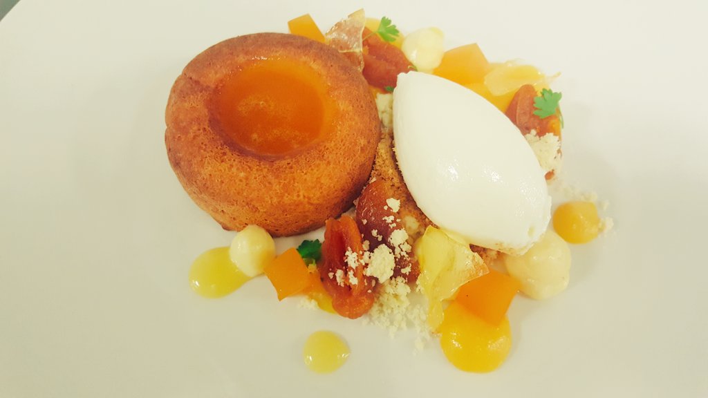 neilfergie's tweet photo. Brioche pudding, apricot, lemon thyme &amp; @StTolaCheese goats milk sorbet #dessert #cheflife #irishfood #pastry https://t.co/hndwXAAI5I