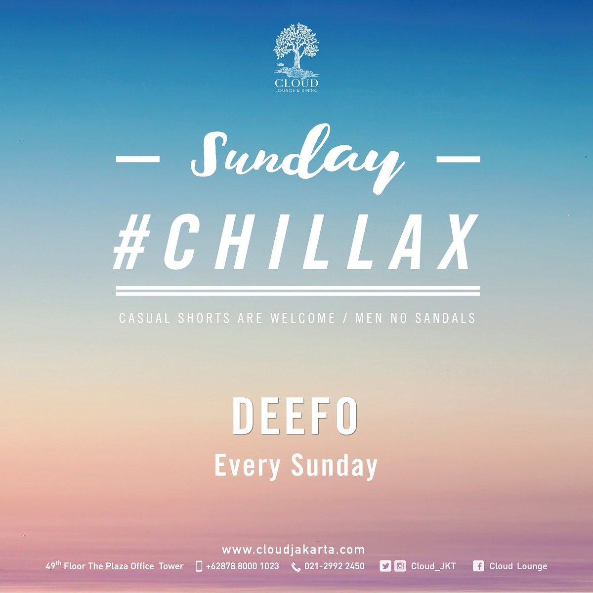 Cloud_JKT's tweet photo. It's New Years!! Sunday Chillax at CLOUD Lounge
#istheplace to welcome 2017 with your loved ones and family
Info 021-29922450
#cloudlounge https://t.co/cNHq7AVDzK