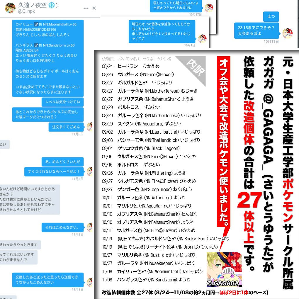 知人 ガガガ君 監視用 Gagagakisei0613 のポケモン改造依頼が発覚したdm 炎上の発端 の元ネタである 黒幕その１ すのーまん Snowman5874 とのdm 互いのフレコ記載 すのーまん別垢とのdm くおん君 Q Npk への最初のdm T Co