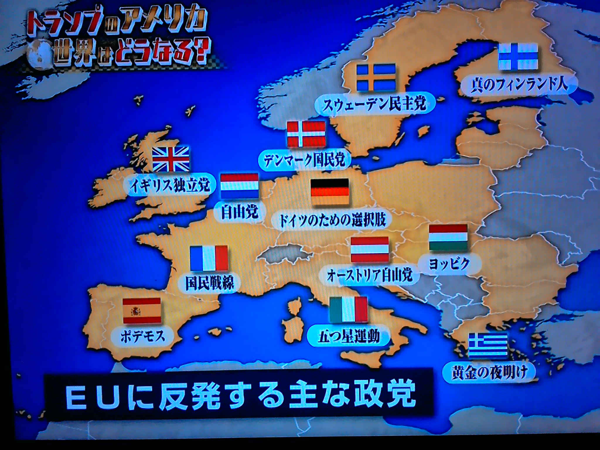 06jun10 V Twitter euに反発する主な政党 真のフィンランド人 スウェーデン民主党 デンマーク国民党 イギリス独立党 自由党 オランダ ドイツのための選択肢 ヨッビク ハンガリー オーストリア自由党 国民戦線 フランス 五つ星運動 イタリア ポデモス