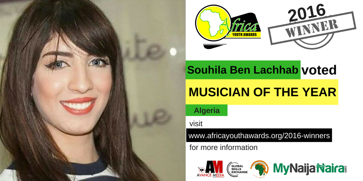 Winner of Africa Youth Awards 2016 – Musician of the Year is <a href="/SuhilaBnLachhab/">Souhila Ben Lachhab 🇩🇿</a> (Algeria)