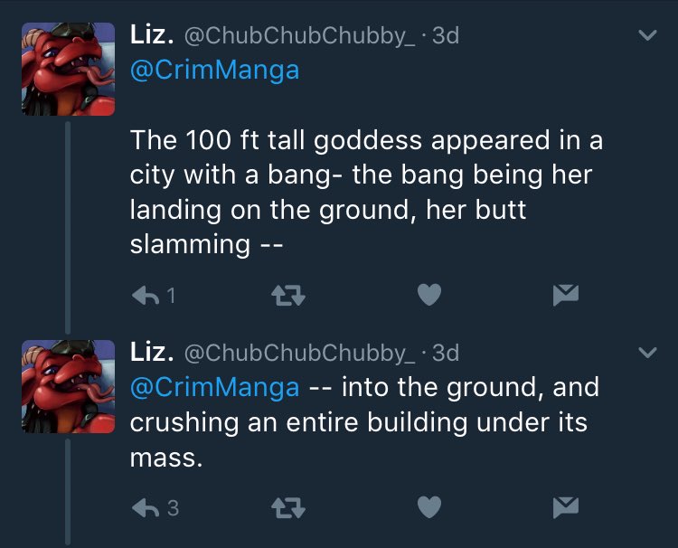 "her butt slamming into the ground, and crushing an entire building under its mass."