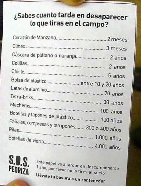 isaacBIOvega's tweet photo. ¿Sabes cuánto tardan en desaparecer los desperdicios que tiras en el campo, un bosque o la playa?
Por favor RECOGE tu BASURA y RECÍCLALA ♻️🆘 https://t.co/koJH7NbWU2
