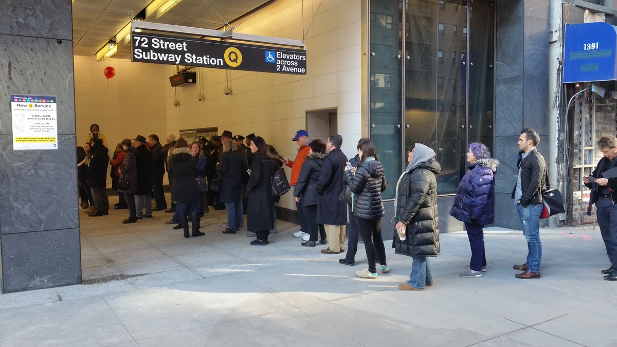 MTA's tweet image. Folks waiting to enter the 72nd Street Station of the #SecondAvenueSubway just before noon today.