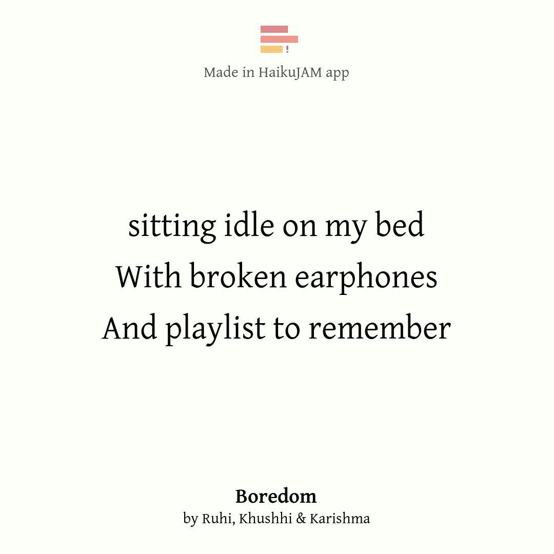 khushhalijain87's tweet photo. #Boredom by Ruhi,@khushhalijain87 &amp; Karishma in @haikujam

let's jam on https://t.co/Yhpzqez1NN #music #earphones https://t.co/P7OiY9jpC6
