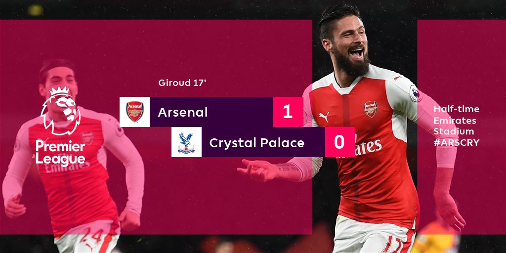 Englandnesia's tweet photo. HT : Arsenal 1-0 Palace. [Giroud 17'] https://t.co/JUJL5b0BTk