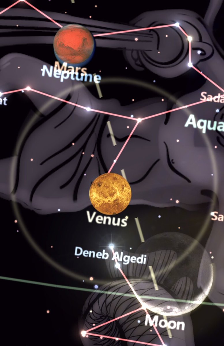 astronomTurk's tweet photo. An itibariyle Ay, Venüs ve Mars. Mars'ın doğrultusunda Neptün de var ancak buradan görmek mümkün değil. https://t.co/SffTvwrHjB