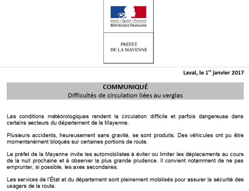 Merci de RT: #verglas sur certaines routes de la #mayenne. Évitez ou limitez vos déplacements au cours de la nuit prochaine. Soyez prudents