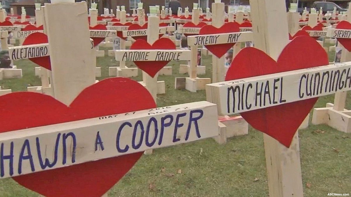ABC's tweet photo. Hundreds march through downtown Chicago carrying crosses for each of the more than 760 killed in the city in 2016. https://t.co/xbXd2QdNjZ https://t.co/TU56rc6qj7