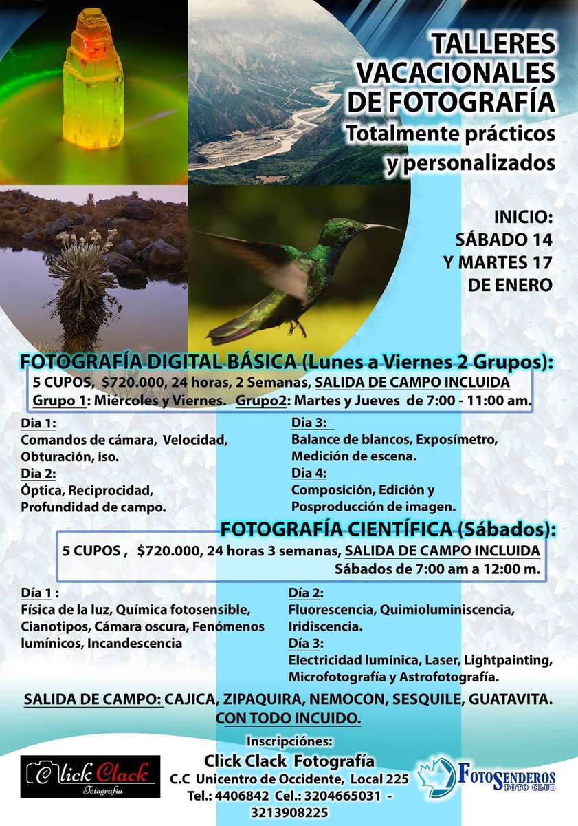 ClickClackFotos's tweet photo. Click Clack Fotografía en alianza con Foto Senderos, quiere invitarlos al Taller Vacacional de Fotografía, contactar https://t.co/kFvPqxdrLN