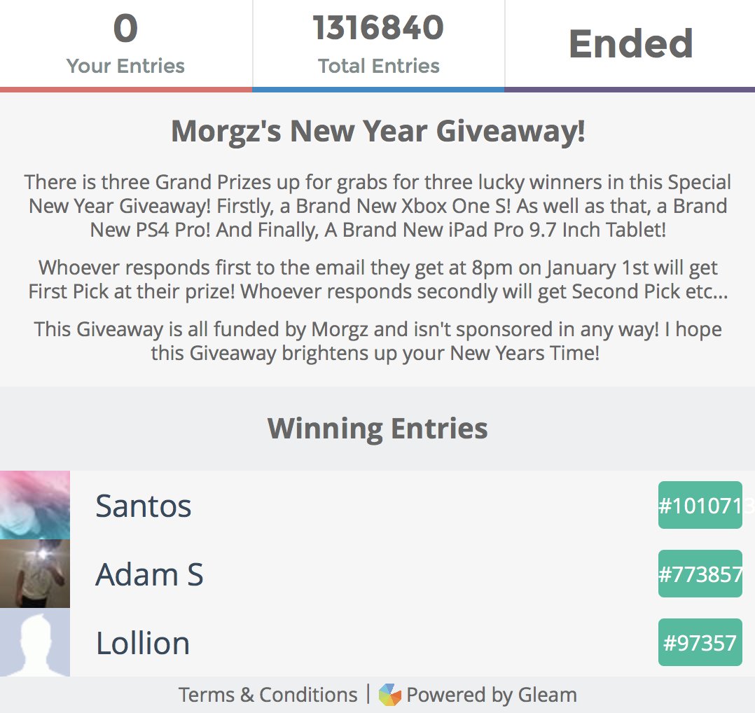 Morgz's tweet photo. Here are the Winners of the 1,000,000 Subscriber New Year #Giveaway
All three have been emailed, they have until the 10th of Jan to reply!🎉 https://t.co/B4aFUHoMKw