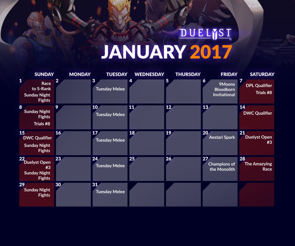 PlayDuelyst's tweet photo. Looking forward to some competitive Duelyst this month? Here are all of the events scheduled for January! Which do you plan on joining? https://t.co/j0Tam5Thox