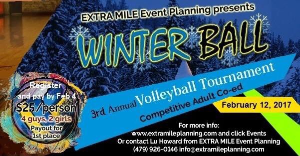 ExtraMileEvents's tweet image. Our 3rd Annual WinterBall (Tulsa, OK) is coming up on February 12, 2017!! ♥️🏐🎉
Payout to 1st place $450+ and more!