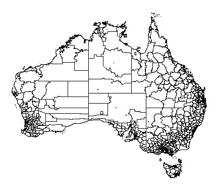 joshuaclx's tweet image. Oooh. 1st step in making mappies in R for thesis and related publications. A map of LGAs from @ABSCensus data using #maptools & #rmapshaper