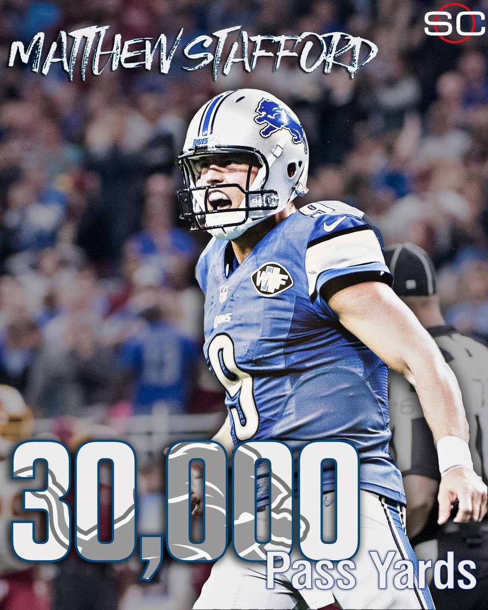SportsCenter's tweet image. Matthew Stafford becomes fastest player to 30,000 Pass yards (109 games) in NFL history.