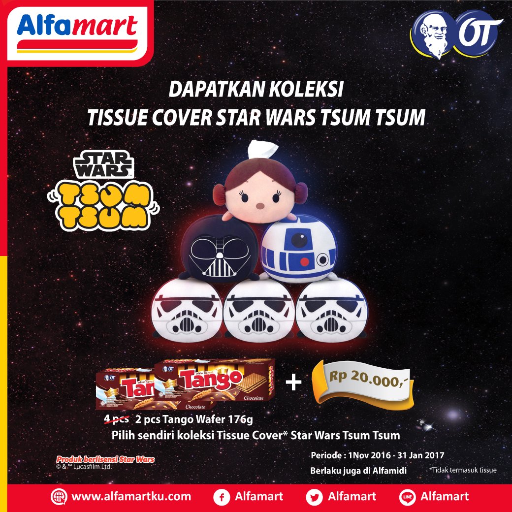 Dapatkan koleksi Tissue Cover Starwars Tsum Tsum setiap pembelian 2pc Tango wafer 176g di Alfamart