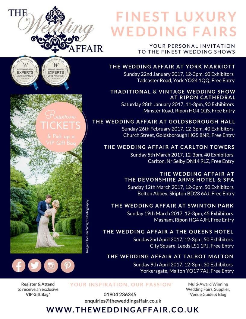 Have we got treats for you this Spring... starting on 22nd January! Reserve free tickets at theweddingaffair.co.uk/registration.h… #weddingfairs #yorkshire