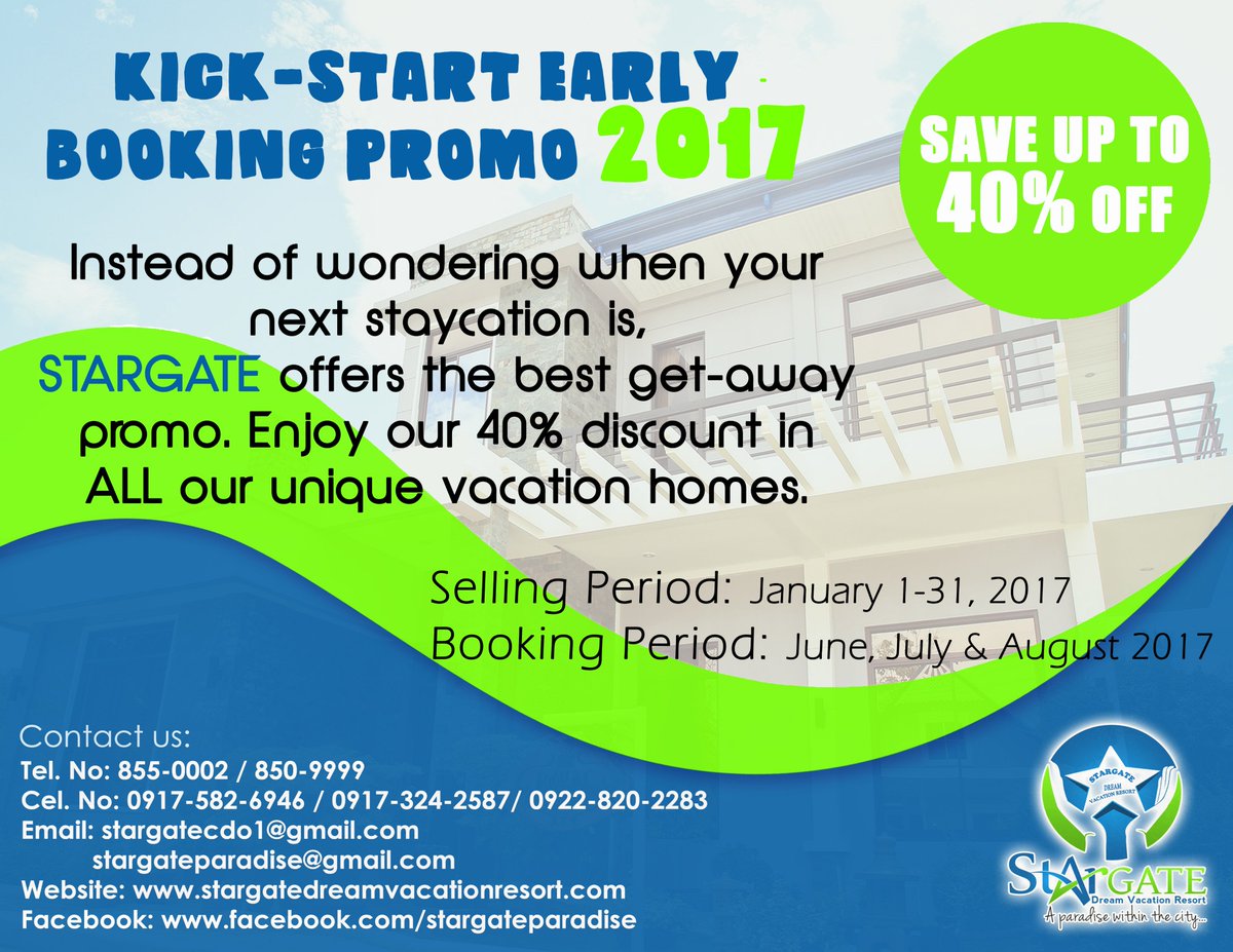 SDVR2015's tweet image. KICK-START EARLY BOOKING PROMO 2017! Enjoy our 40% discount in ALL our vacation houses! Hurry and BOOK now! :)
