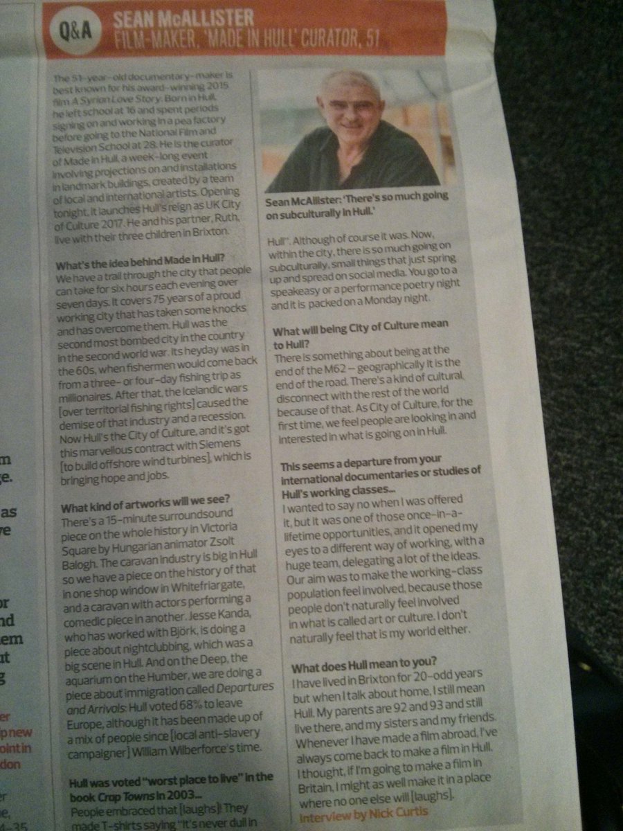 In case you missed it, here's Sean <a href="/mcallisterfilms/">Sean McAllister (Dr Doc)</a> in yesterday's <a href="/ObsNewReview/">The Observer New Review</a> #madeinhull #2017Hull