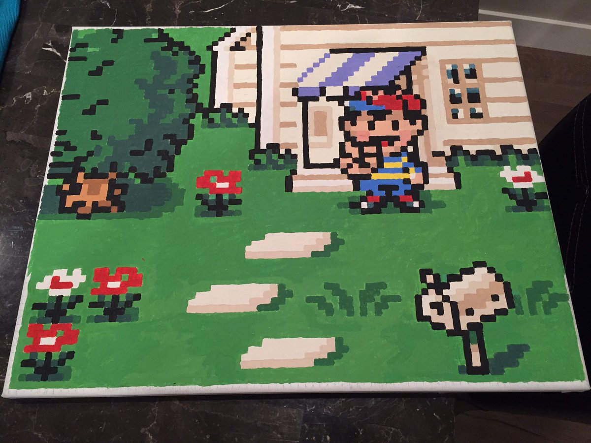 likwid's tweet photo. Couldn't think of a more relaxing way to spend my New Year's Day. #painting #acrylic #EarthBound #16bit #nintendo #RetroGaming https://t.co/QflnQSm1N8