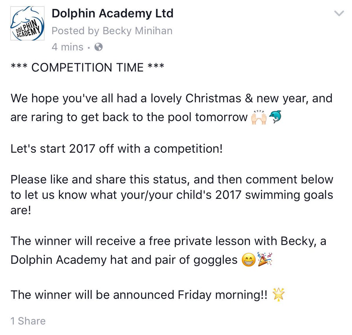academydolphin's tweet photo. Facebook competition 🎉🌟🙌🏻🐬 #swimminglessons #dolphinacademy #newyeargoals https://t.co/W8KZ7M69JT